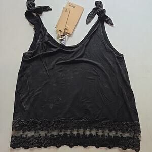 POL Tie‎ Crop Top Black Mineral Wash Sleeveless Lace Trim Size Small Medium NWT